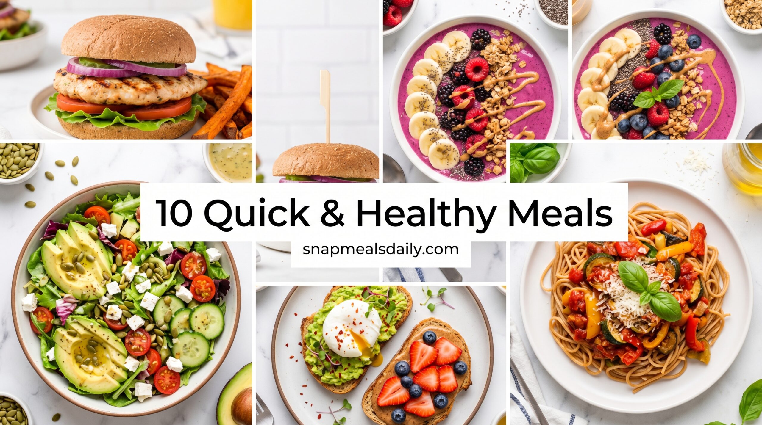 10 quick and healthy meal ideas including salads, smoothie bowls, burgers and pasta for busy weekdays