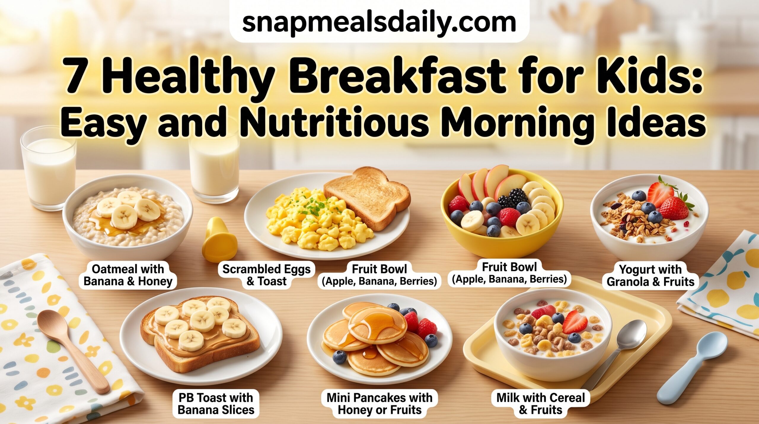 Healthy breakfast for kids with fruits, eggs, milk, and oatmeal on a table for nutritious morning meal