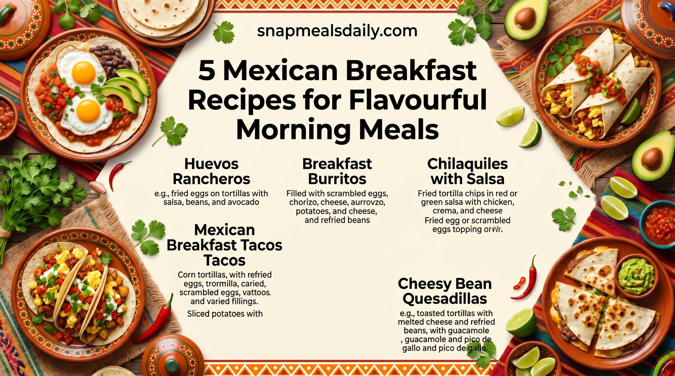 Colourful Mexican breakfast recipes served with eggs, tortillas, avocado, and salsa