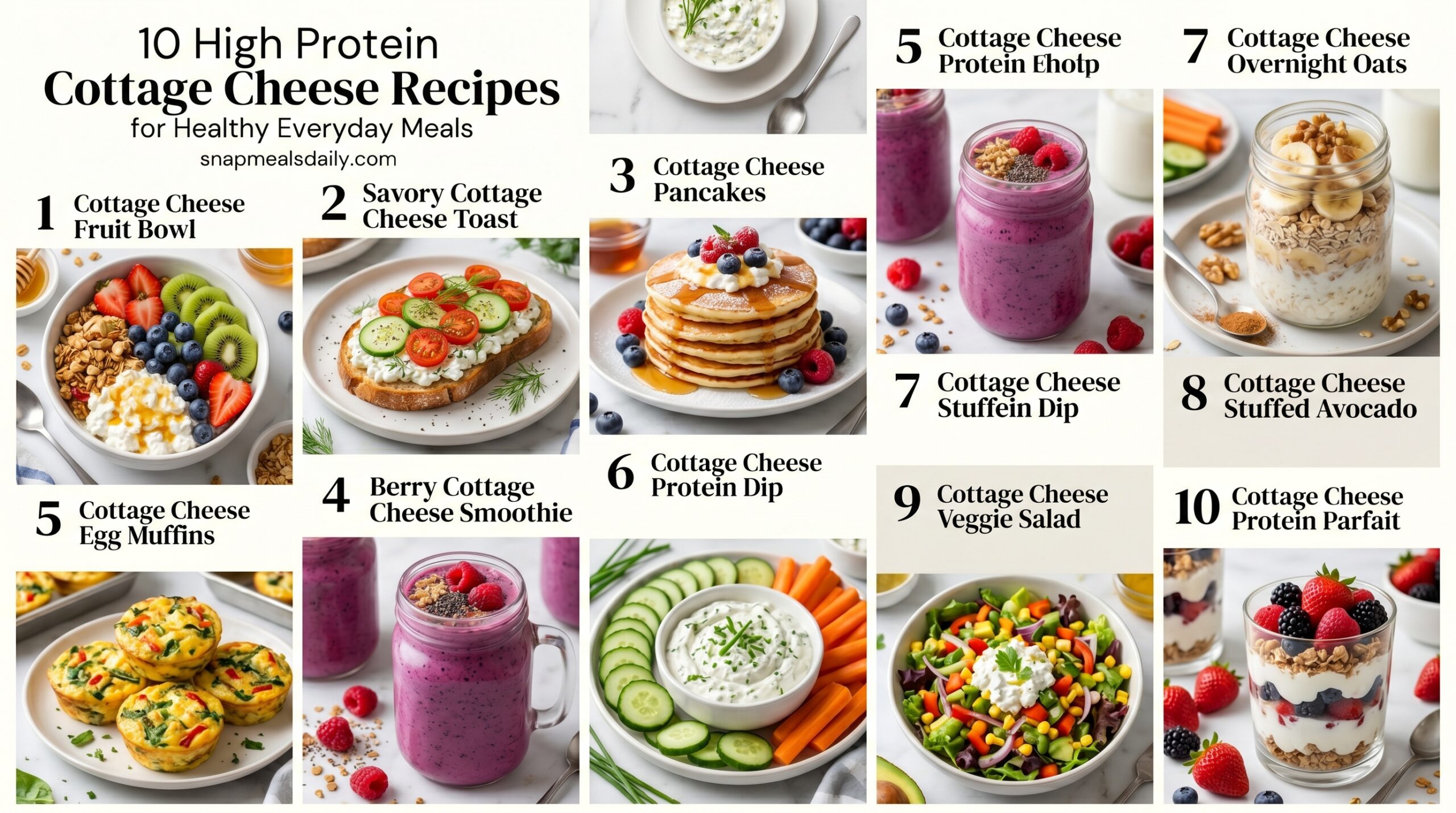 Healthy high protein cottage cheese recipes served on a table with breakfast bowls, smoothies, pancakes, and fresh ingredients