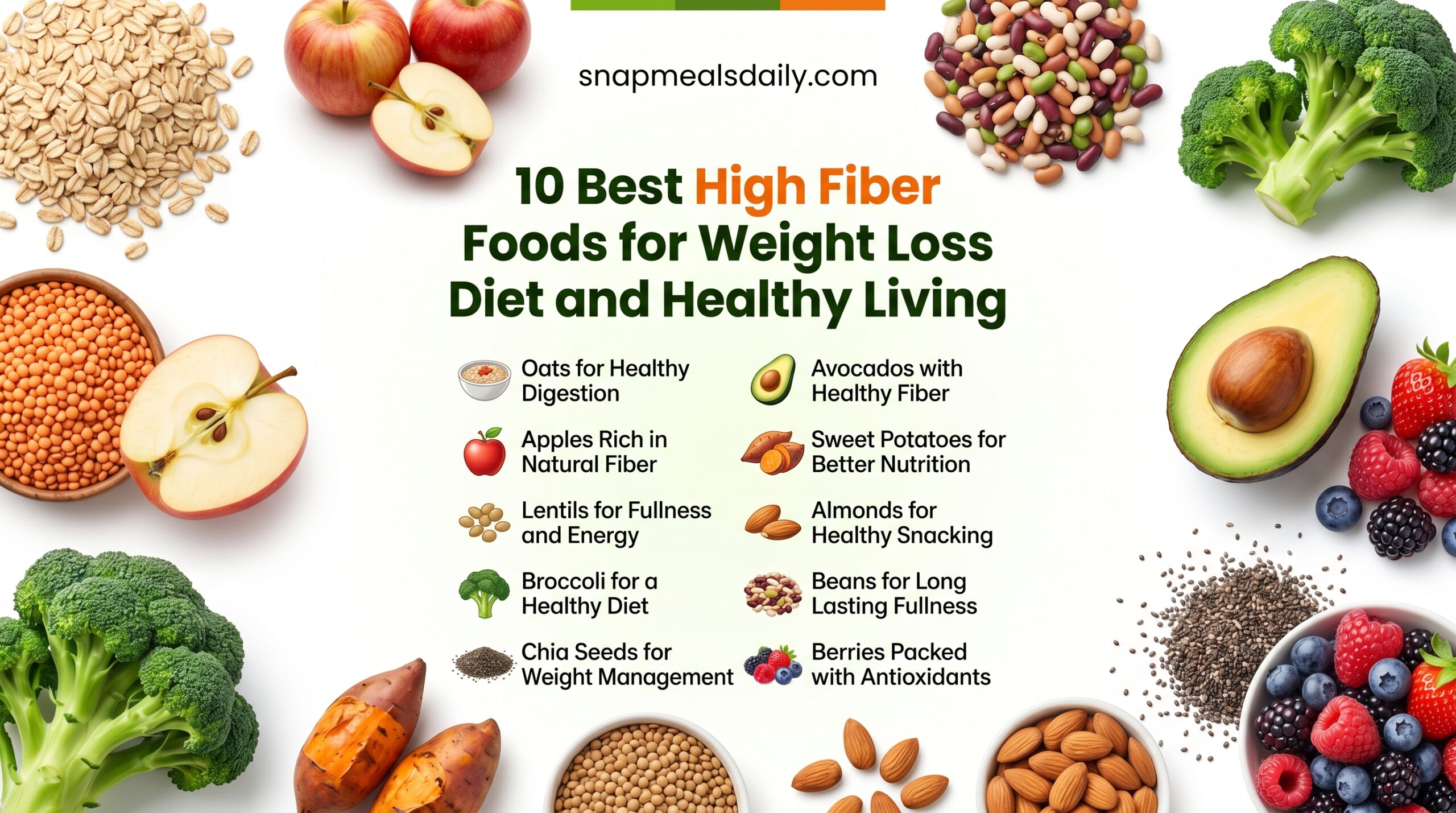 Healthy high fiber foods for weight loss diet including oats fruits vegetables beans and whole grains on a wooden table
