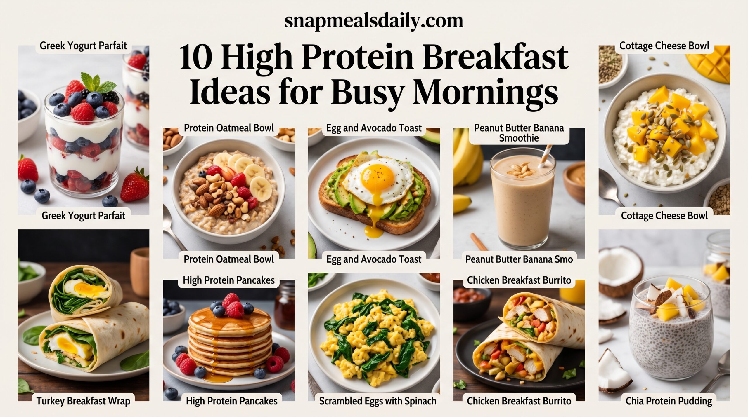Healthy high protein breakfast ideas on a table