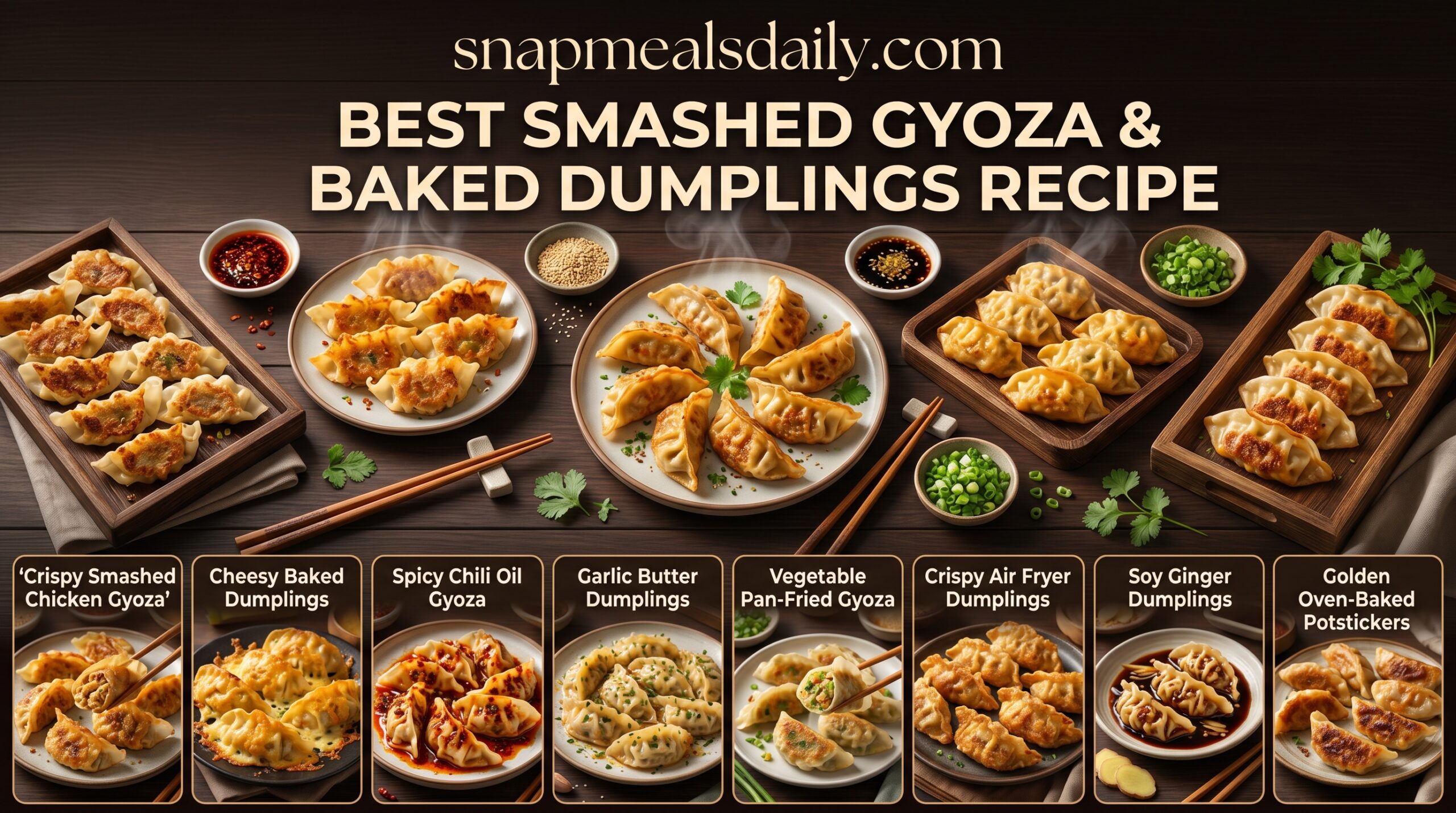 crispy smashed gyoza and baked dumplings with dipping sauce