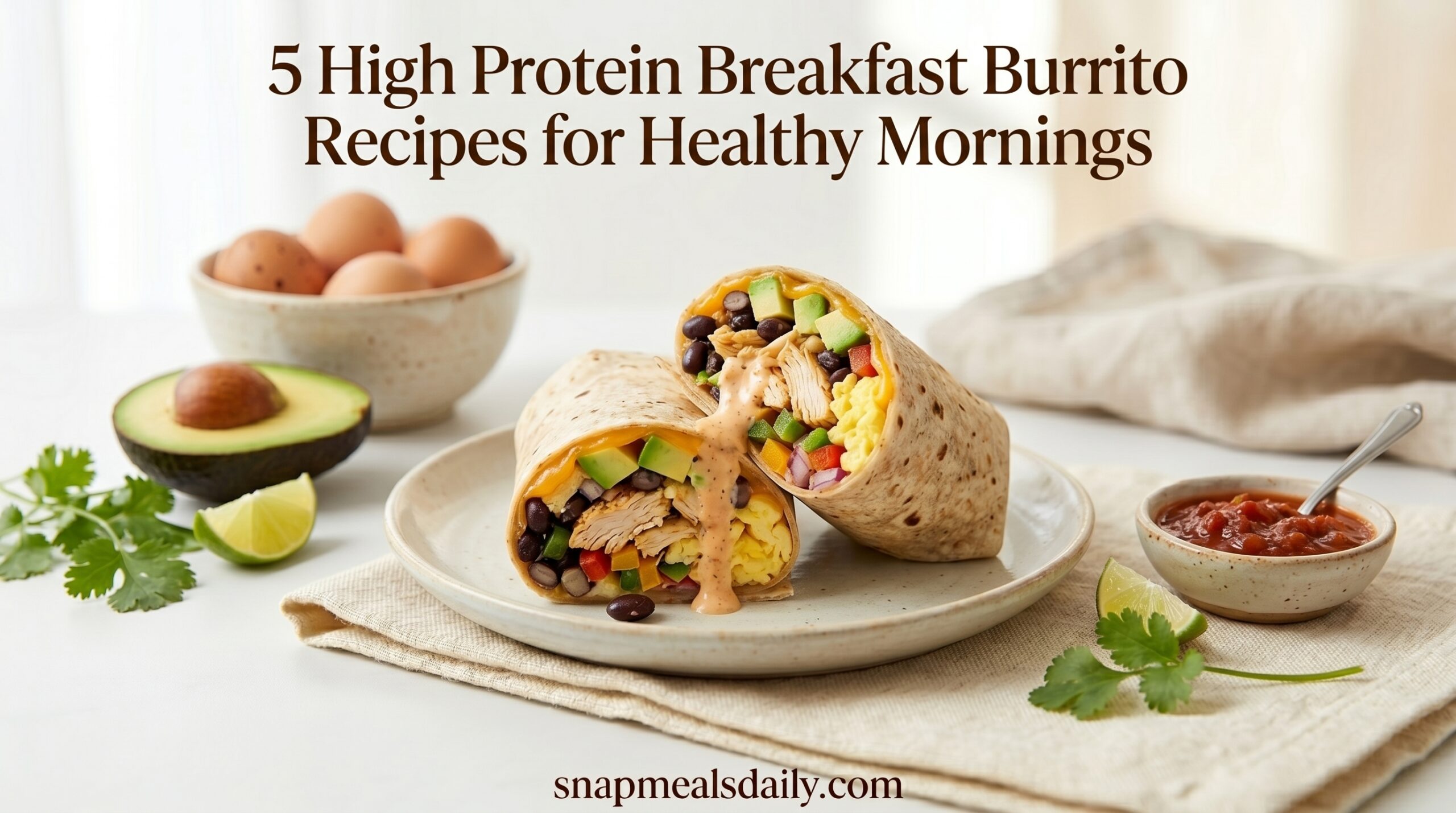 A collection of high protein breakfast burrito filled with eggs, chicken, turkey, beans, avocado, and fresh vegetables.