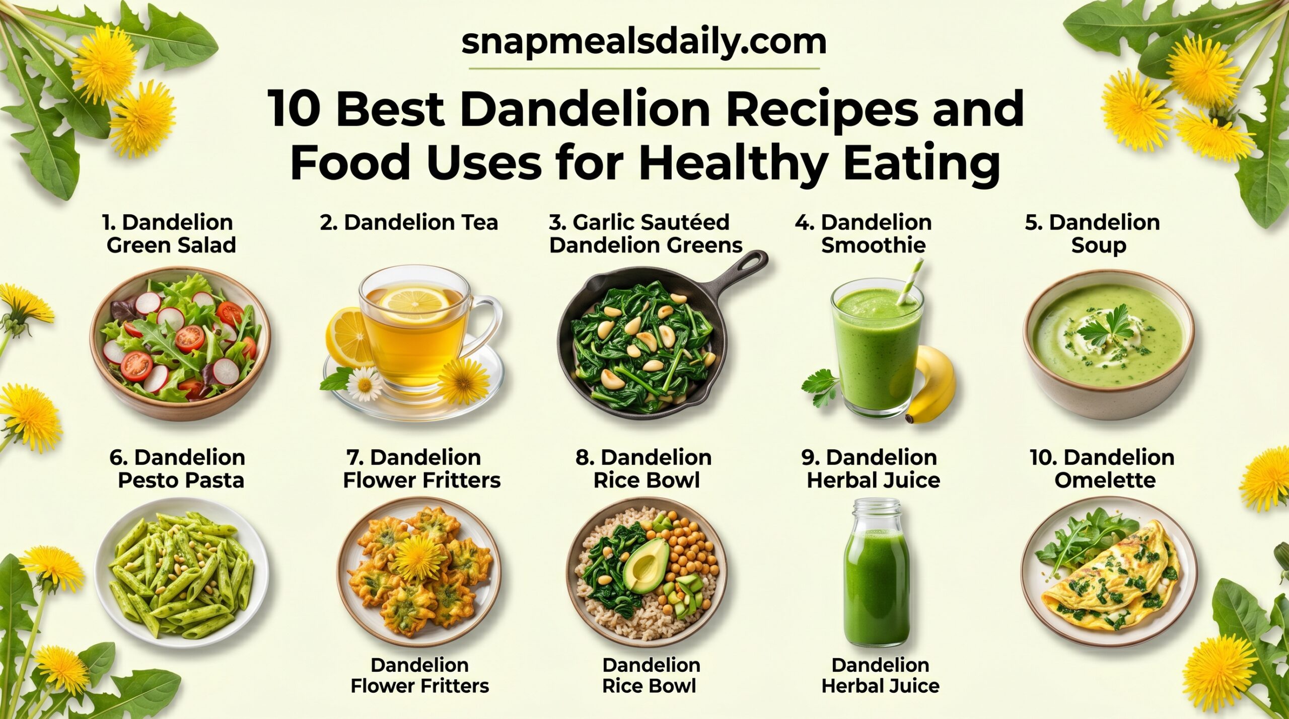 Fresh dandelion leaves and flowers used in healthy homemade recipes