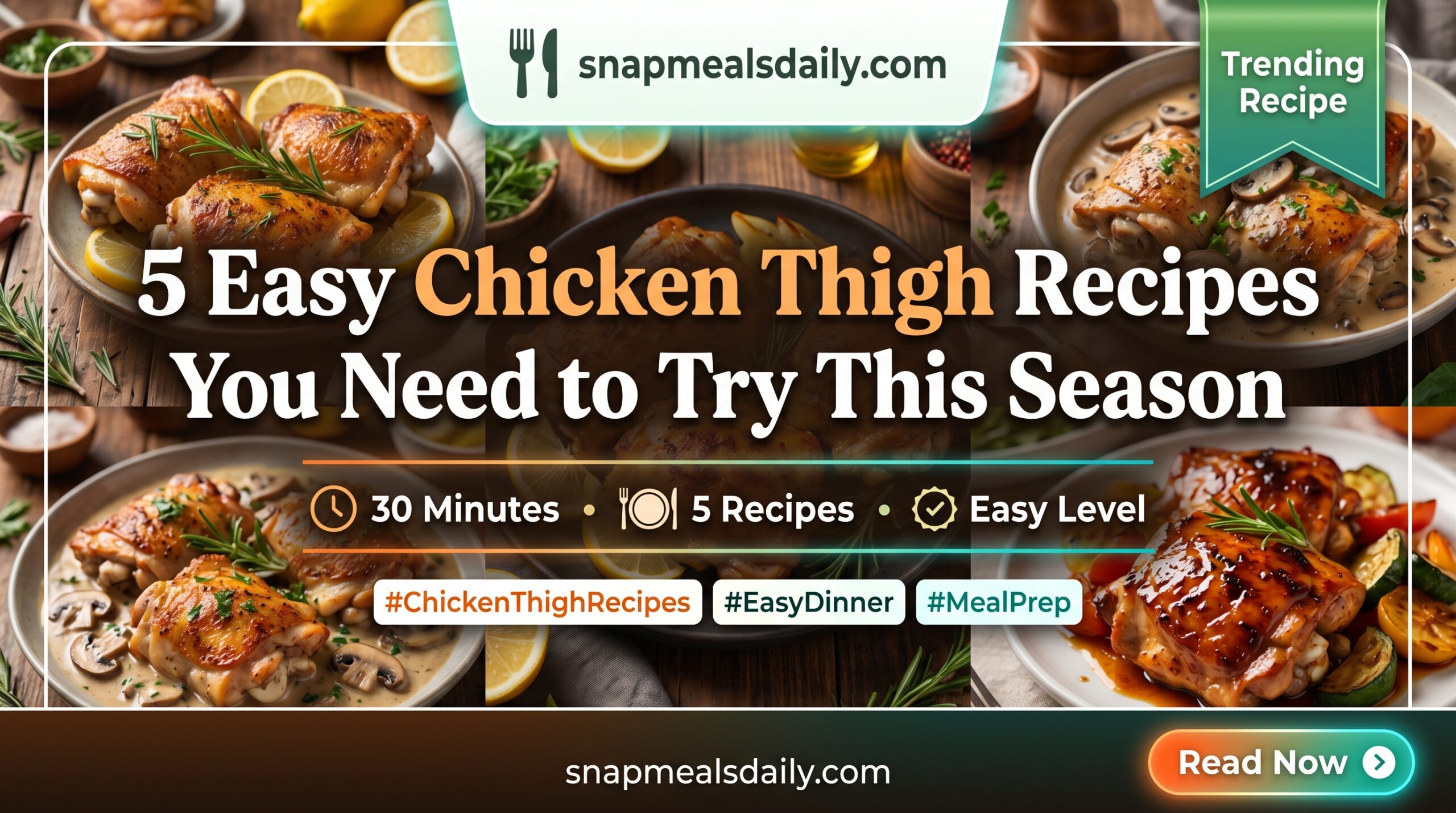 Juicy baked Easy Chicken Thigh Recipes thighs with crispy golden skin on a white plate, garnished with fresh herbs and lemon slices