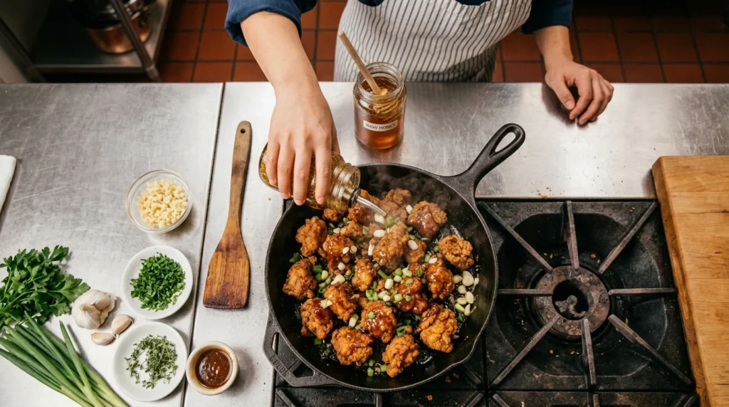 Chef pouring honey garlic glaze over crispy chicken in a skillet