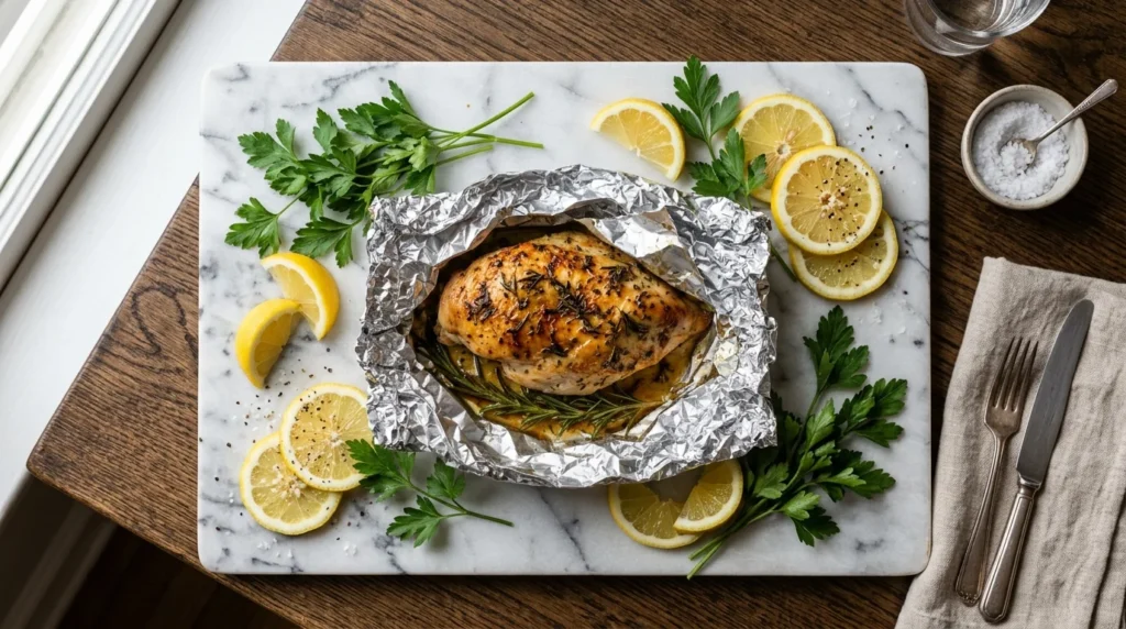 Freshly baked chicken breast resting under foil before serving.