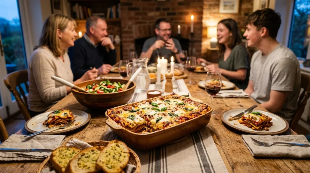 Lasagna Recipe served as the centerpiece of a cozy family Sunday dinner table