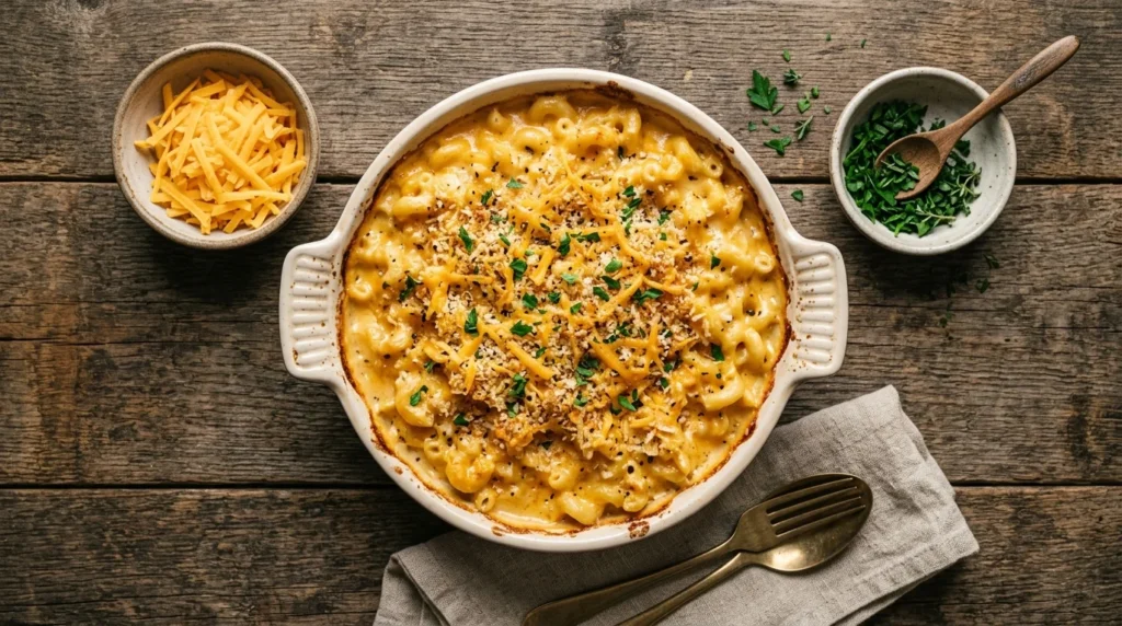 Mac and Cheese Recipe shown from a top view with creamy cheese sauce and golden topping