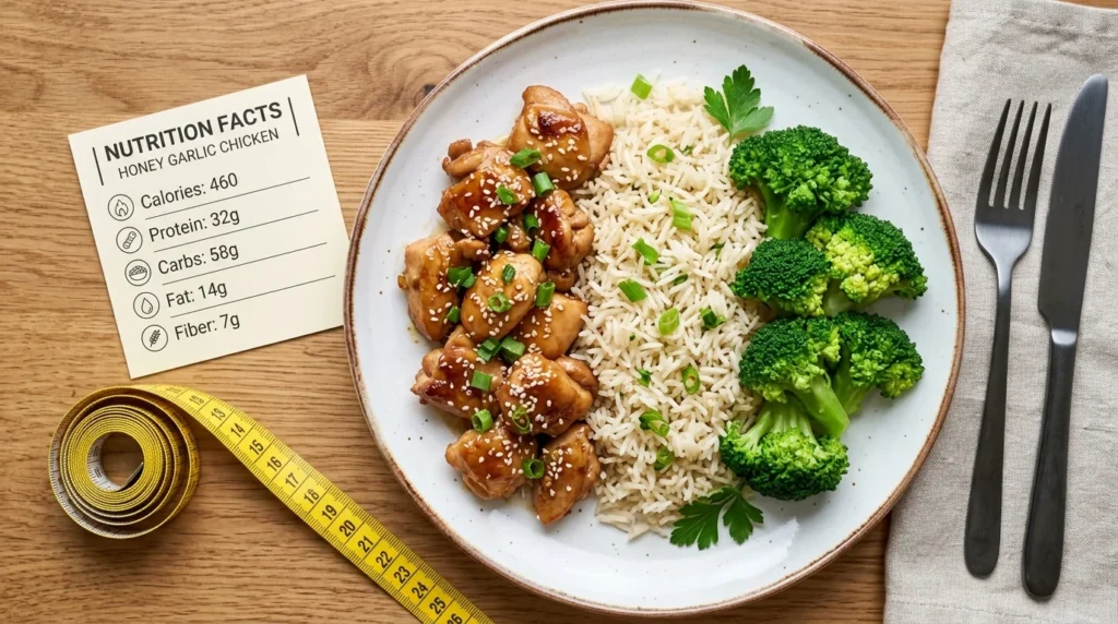 Healthy serving of Honey Garlic Chicken with rice and vegetables
