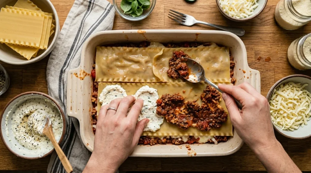 Lasagna Recipe layering process with pasta sheets sauce and cheese