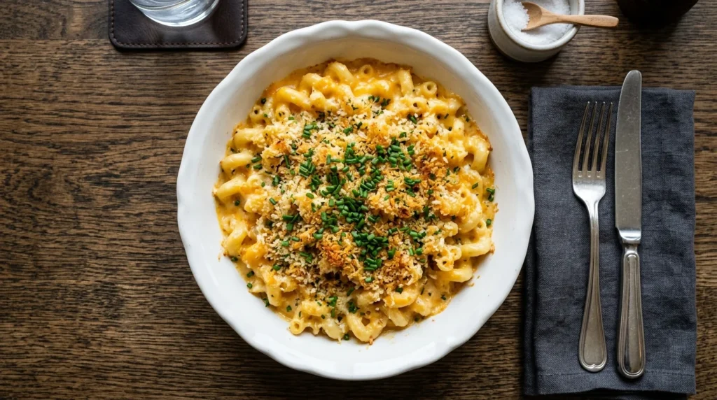 Mac and Cheese Recipe presented in a restaurant-style top view with creamy cheese sauce and crispy topping