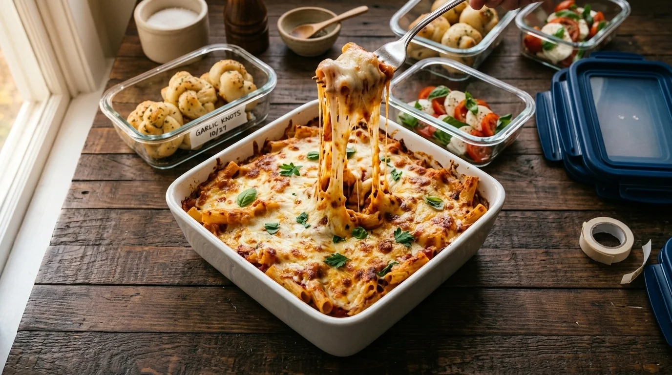 Bubbly cheese crust on a finished traditional baked ziti recipe dish.
