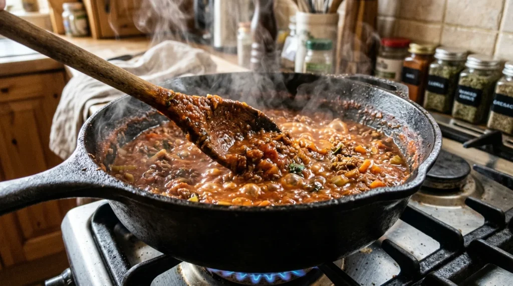 Lasagna Recipe meat sauce simmering slowly for rich homemade flavor