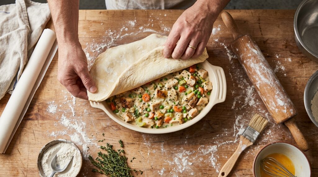 Chicken Pot Pie being assembled with creamy filling and puff pastry crust