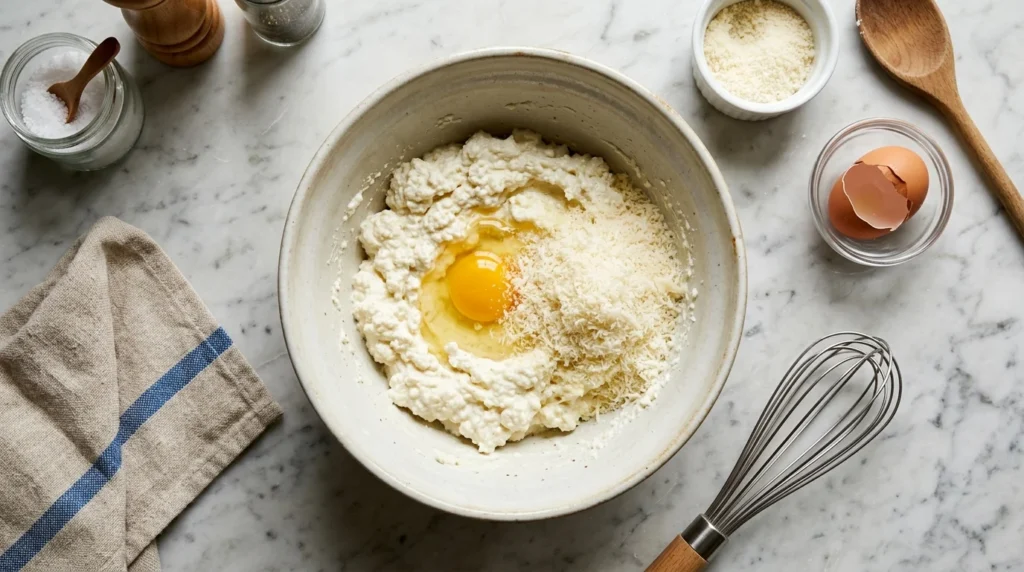 Lasagna Recipe ricotta cheese mixture prepared for smooth creamy layers
