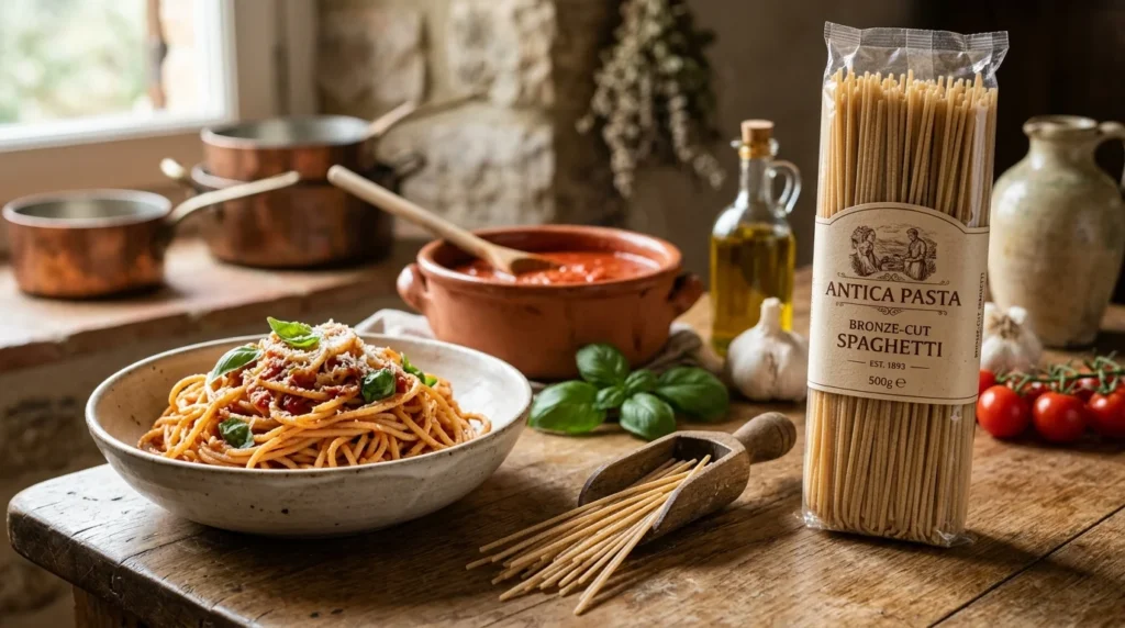 Bronze-cut spaghetti pasta chosen for holding sauce more effectively.