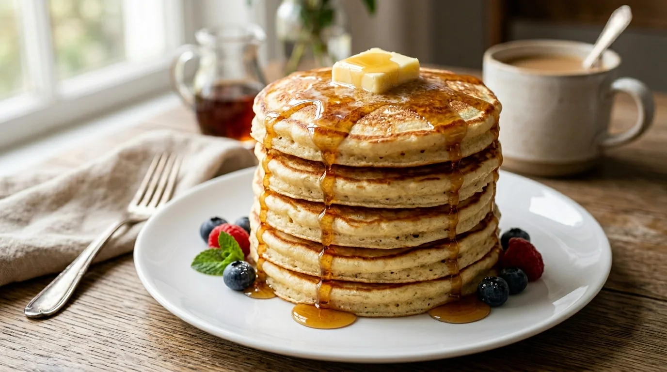 A happy host serving fresh homemade pancakes recipe breakfast to family.