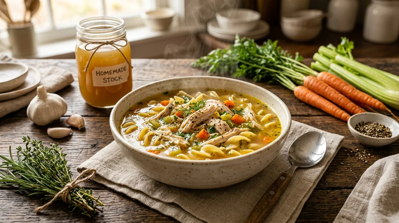 Steaming bowl of chicken noodle soup with rich broth, tender chicken, vegetables, and noodles.