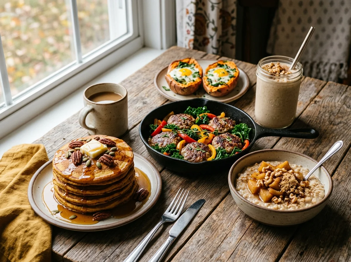 A wooden table covered with a cozy homemade spread of cozy fall breakfast ideas, featuring warm oatmeal, pumpkin pancakes, and savory skillet dishes.