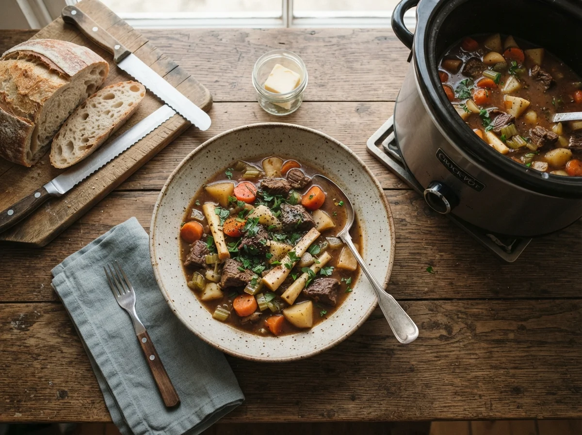 Tender beef stew prepared using easy slow cooker recipes for weeknight family dinners.