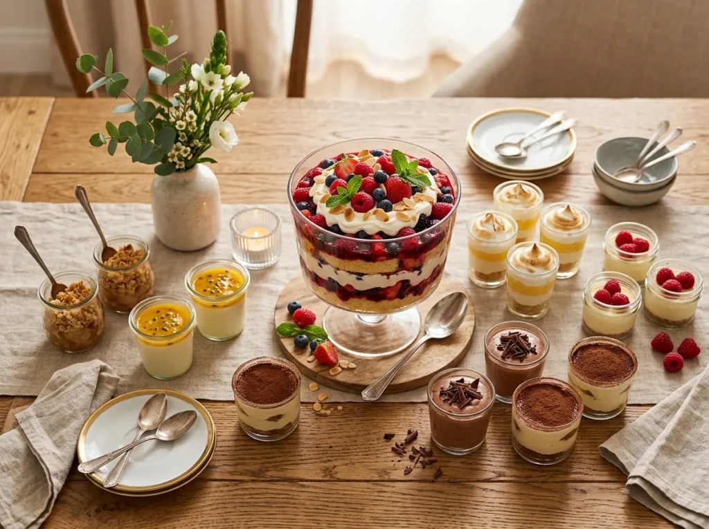 Dessert table setup for a home party with trifle bowl and dessert cups