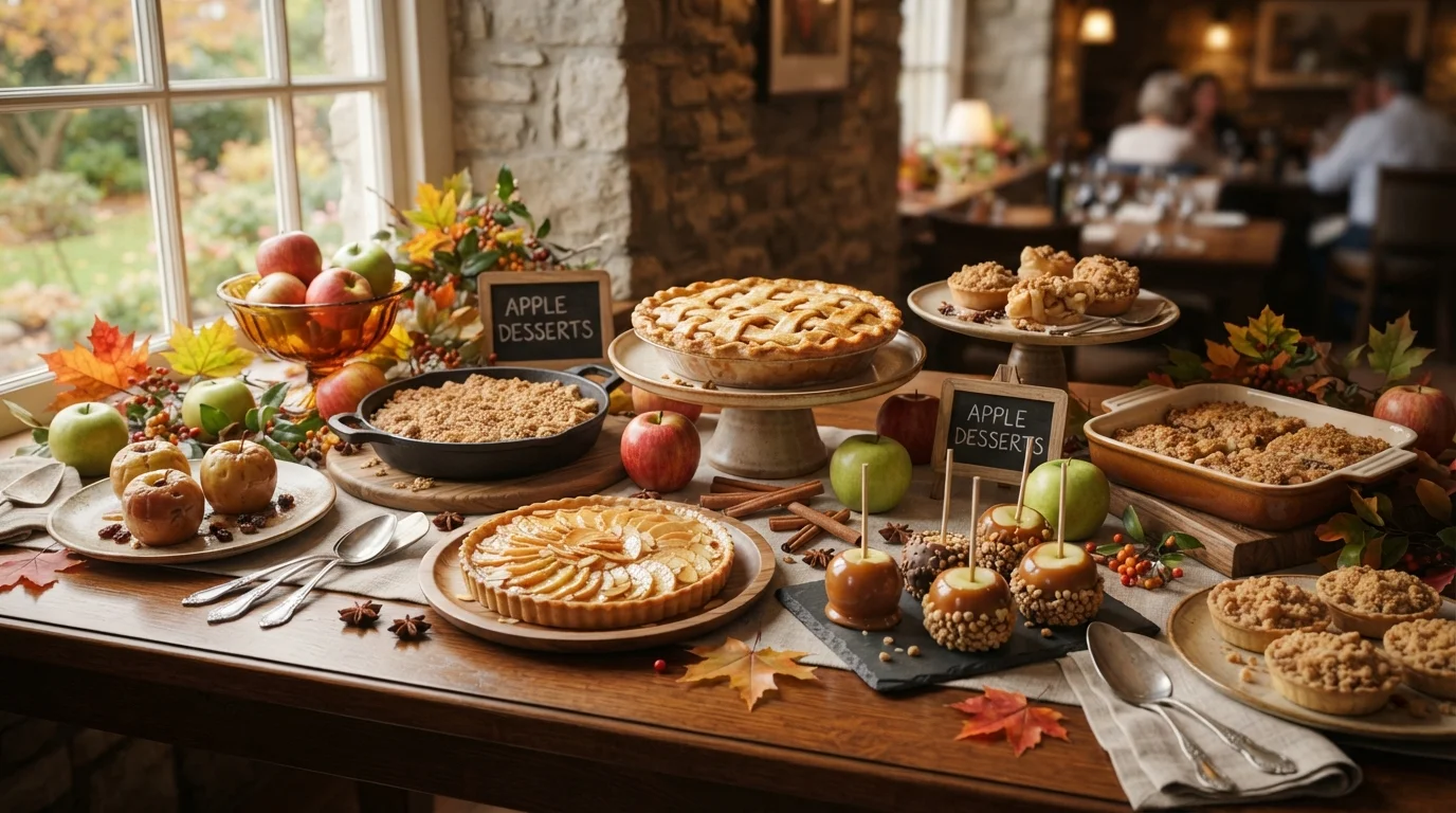 A delicious assortment of homemade Apple Desserts beautifully arranged on a rustic wooden table.