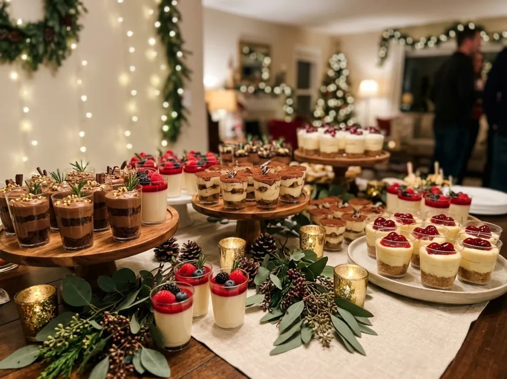  Party dessert table with individual dessert cups arranged for guests