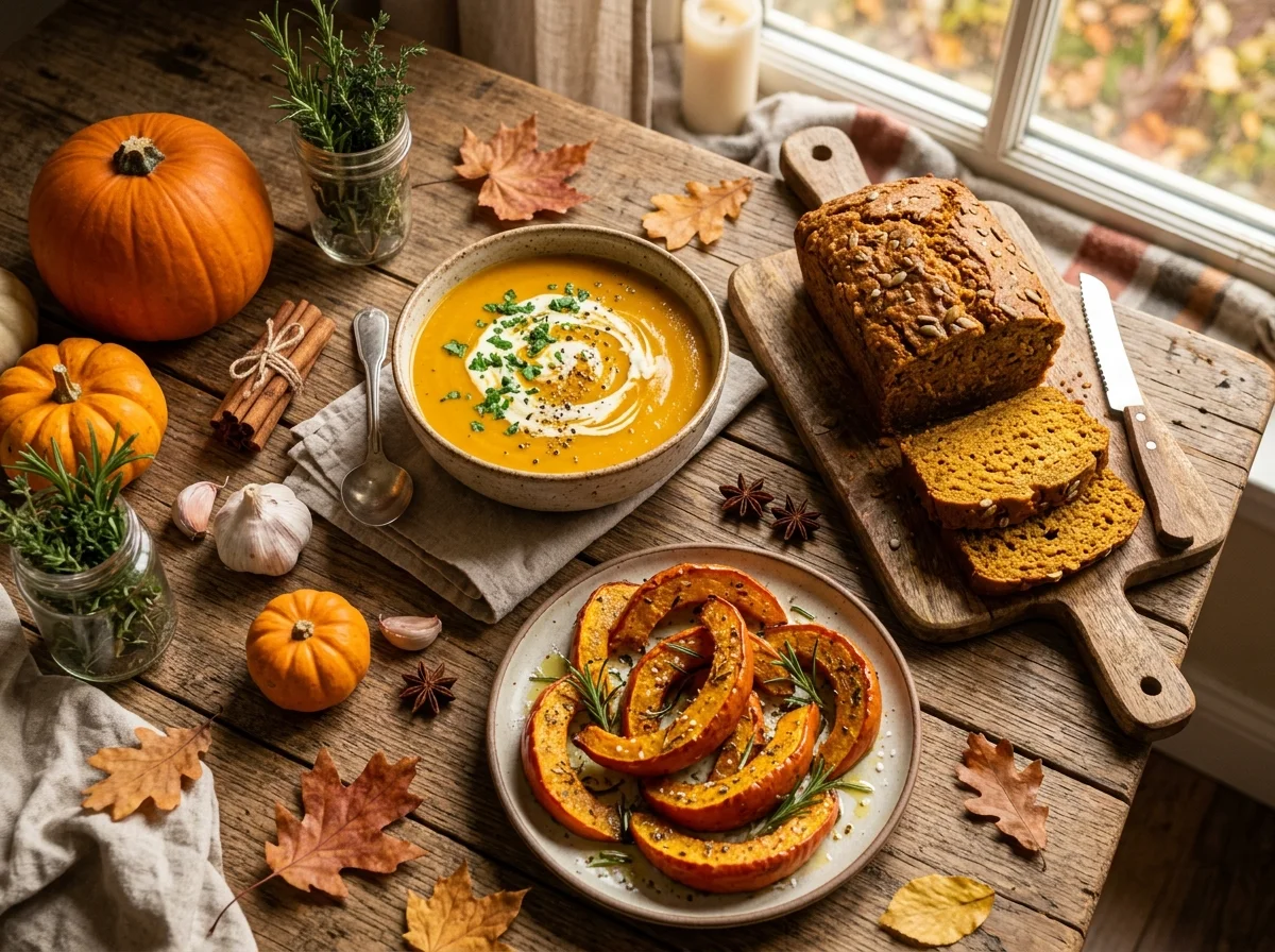 Pumpkin Recipes featuring creamy soup, roasted pumpkin wedges, and homemade pumpkin bread on a rustic autumn table.