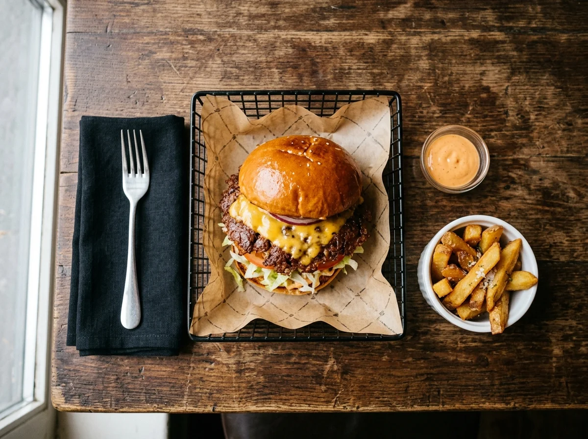 A close-up photo of a gourmet smash burger on a brioche bun with a perfectly crispy crust, melted cheese, and fresh vegetables in a rustic backyard setting.